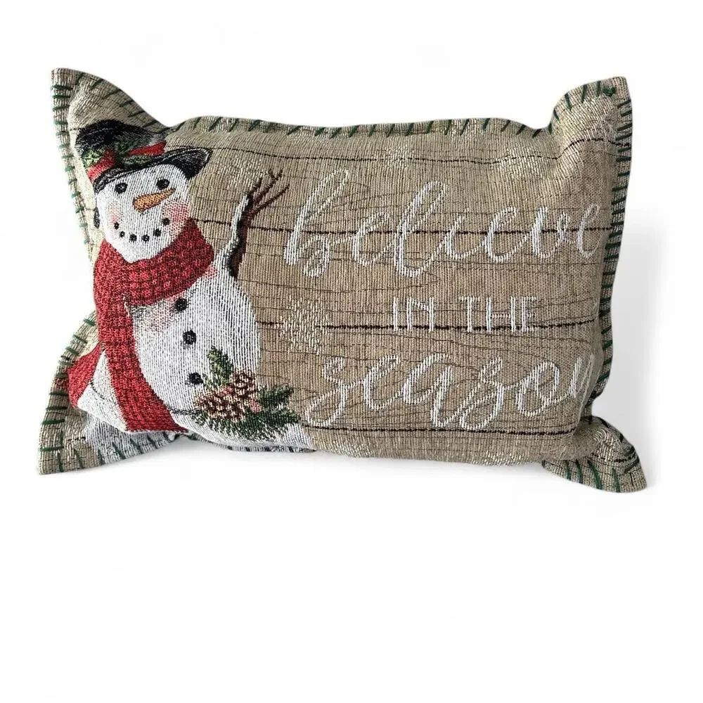 Vintage Christmas Throw Pillow Truck Tree Snowman Double Sided 18x10